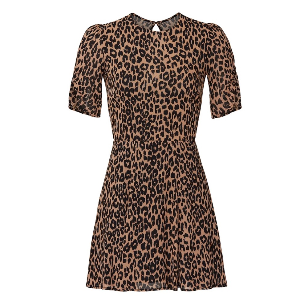 NWT Reformation Gracie Ruched Short Sleeve Leopard Print Mini Fit & Flre - Picture 2 of 9